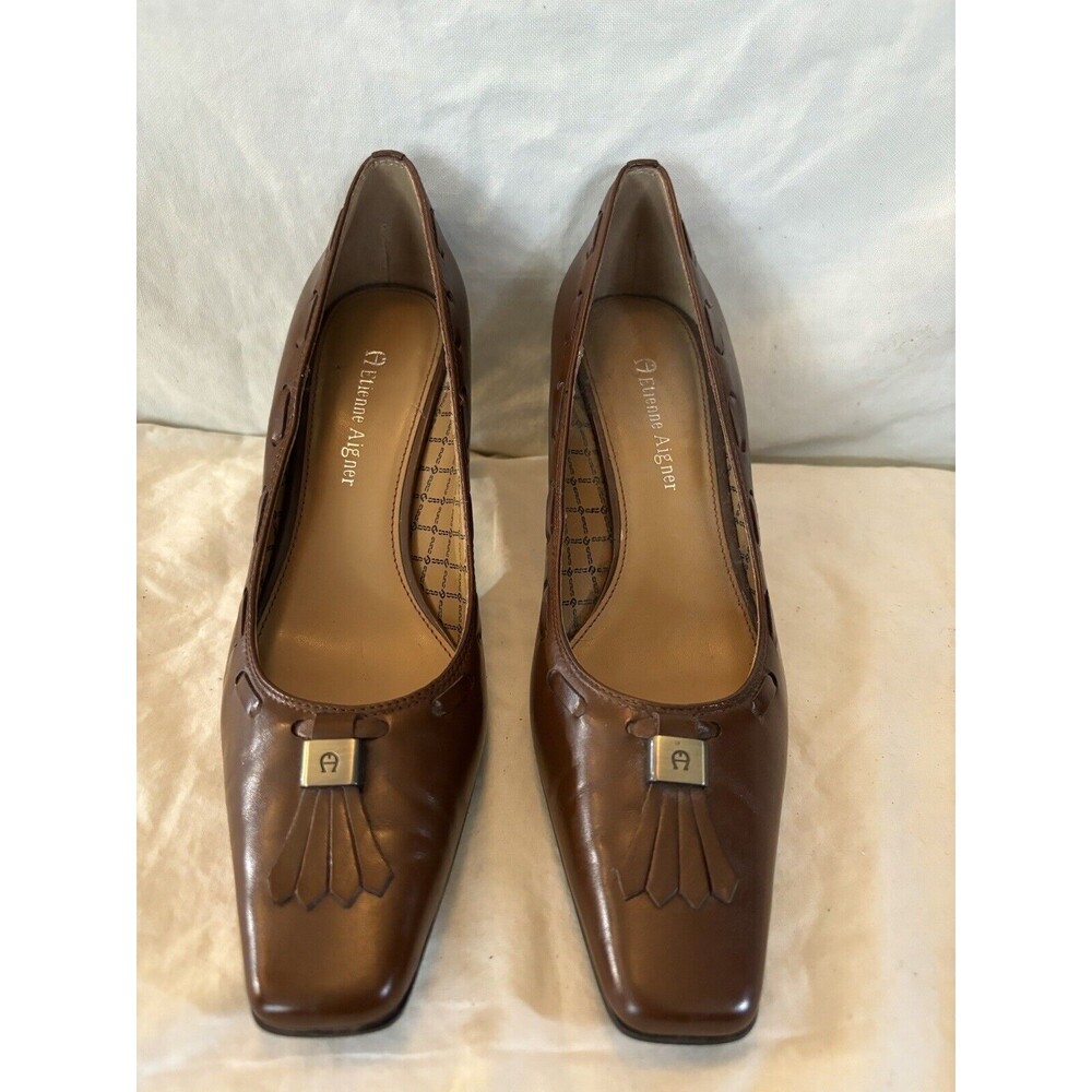 Etienne Aigner E-ORAH Women Brown Square Toe Tassel  Heel Shoe Size 8M Pre Owned